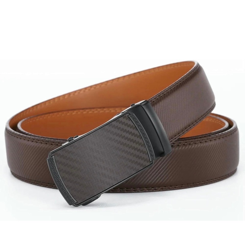Mens Brown Carbon Fiber Ratchet‎ Belt Automatic Slide Buckle Adjustable Belt